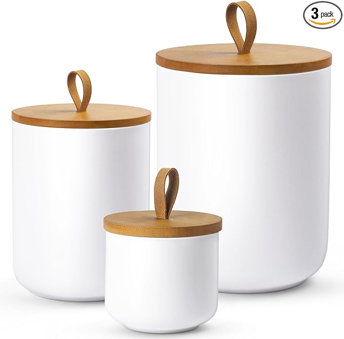 Ceramic Canisters Sets for Kitchen, Airtight Canister with Bamboo Lid, Ceramic Coffee Canister Kitchen Canisters for Countertop, Flour and Sugar Containers for Food Storage Jars, White, Set of 3