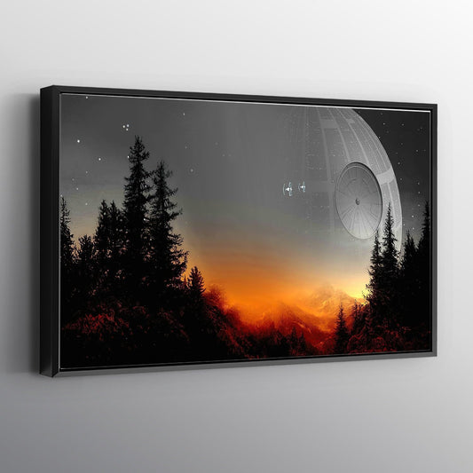 Death Star Inspired Canvas Print Wall Art | Futuristic Space Station Artwork | Smooth Surface Home Decor – Various Sizes (18in x 12in Modern Black Framed)