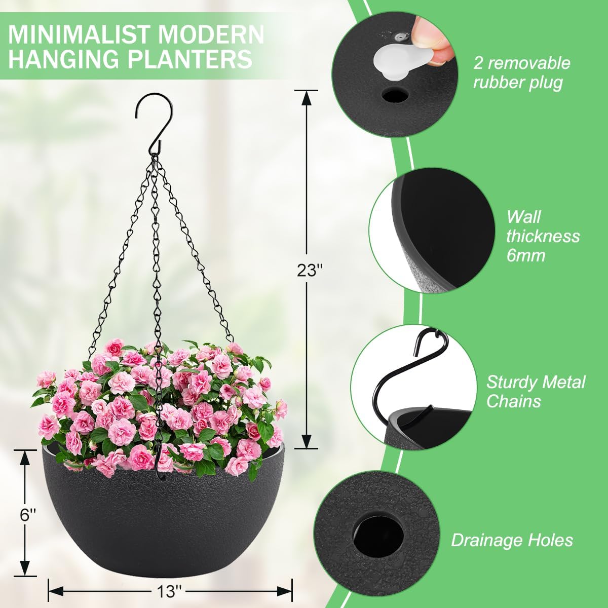 13 inch Hanging Planters for Indoor Plants, 2 Pack Planters for Outdoor Plants with Drainage Holes and Chain, Round Plastic Hanging Baskets, Hanging Flower Pots for Balcony Garden Decor-Black