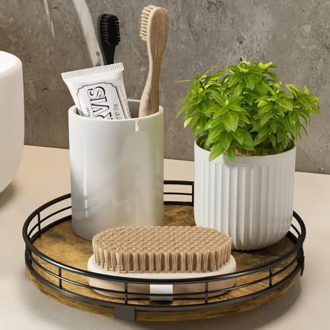 Lazy Susan Turntable Organizer for Table Top, 9’’ Round Wooden Lazy Susan for Cabinet Kitchen Countertop Pantry Dining Coffee Table for Condiments Spices, Rustic Bathroom Vanity Tray for Soap Candle