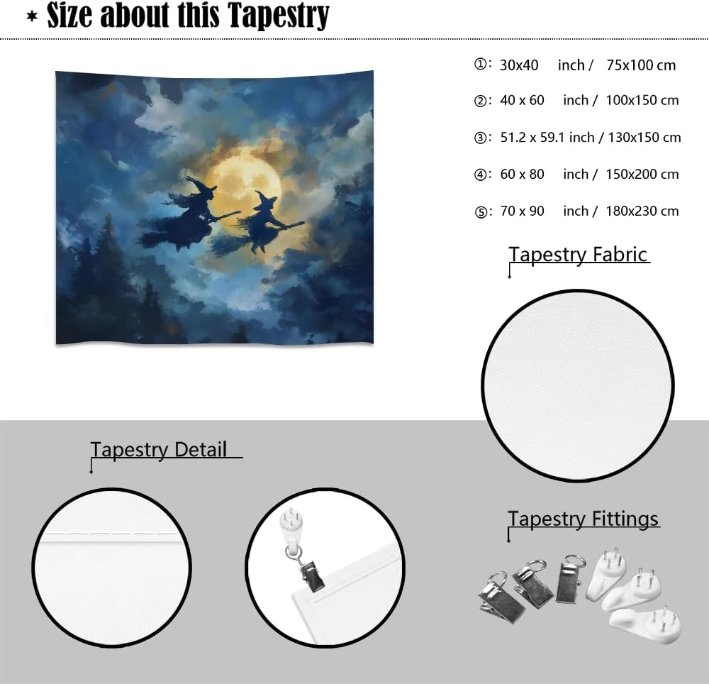 Spooky Halloween Witch Tapestry Wall Hanging Dark Fantasy Night Sky Aesthetic Print Flying Witches Under Full Moon Tapestries Horror Ghost Halloween Party Decor for Living Room Bedroom 50x60inch
