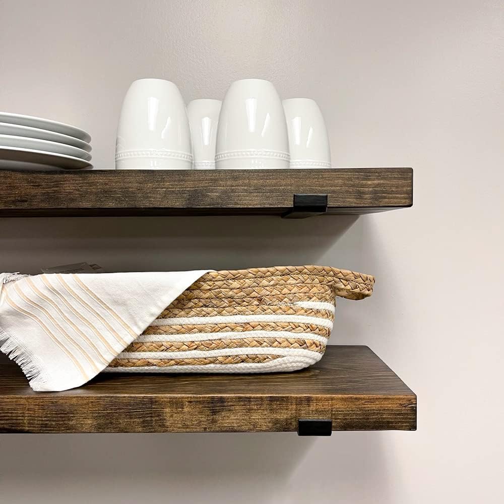 Rustic Shelves with J-Brackets Set of 2, Industrial Shelf, Kitchen Shelves, Solid Wood, Decorative Wall Storage, Heavy Duty, URBANDI (Dark Brown, 24Wx10D)