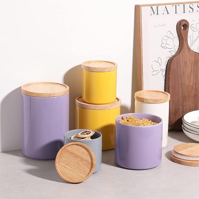 Sweejar Ceramic Food Storage Jar, Stackable Kitchen Canisters, Containers with Airtight Seal Wooden Lid for Serving Coffee Grounds, Coffee Bean, Flour, Tea, Spice and More - 39 Fl Oz (Purple)