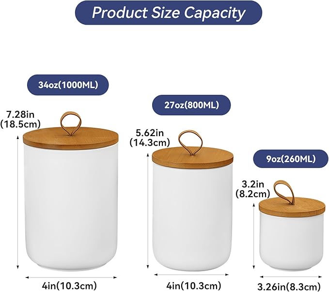 Ceramic Storage Jars, Modern Elegant Highly Polished Airtight Gorgeous Storage Canisters with Wooden Lid Small Food Stroage Jar for Kitchen Spice Tea Vanilla Sugar Coffee Beans (White medium)