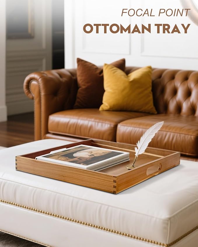 20 Inches Square Acacia Wood Ottoman Tray, Extra Large Wooden Serving Tray with Handles for Living Room, Serving Food Breakfast, Ottoman Coffee Table Couch Sofa Kitchen