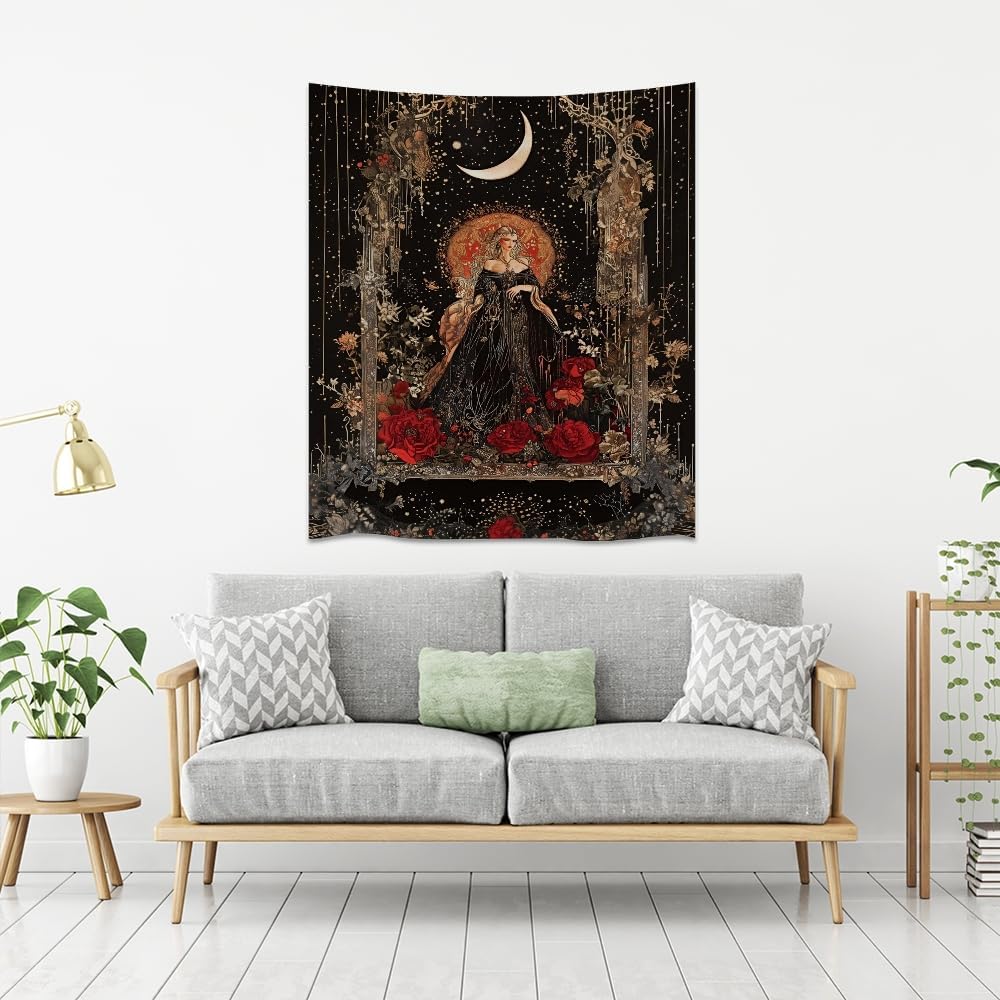 Dark Academia Moon Goddess Tapestry Gothic Fantasy Rose Wall Art Mystical Witchy Woman Print Victorian Artwork Aesthetic Tapestries Wall Hanging for Girls Room Bedroom Decor 40x60inch