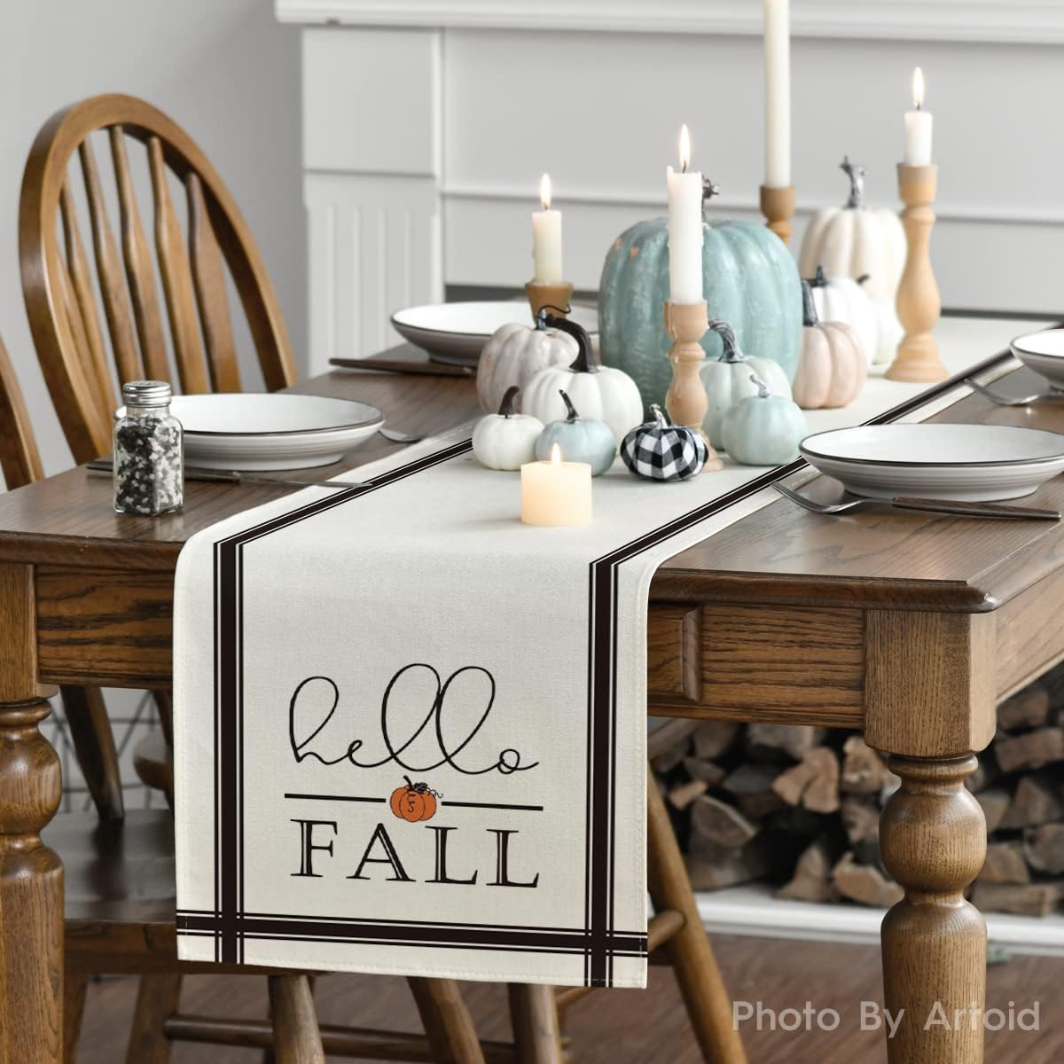 Artoid Mode Hello Fall Pumpkin Table Runner, Seasonal Harvest Vintage Thanksgiving Kitchen Dining Table Decoration for Indoor Outdoor Home Party Decor 13 x 90 Inch