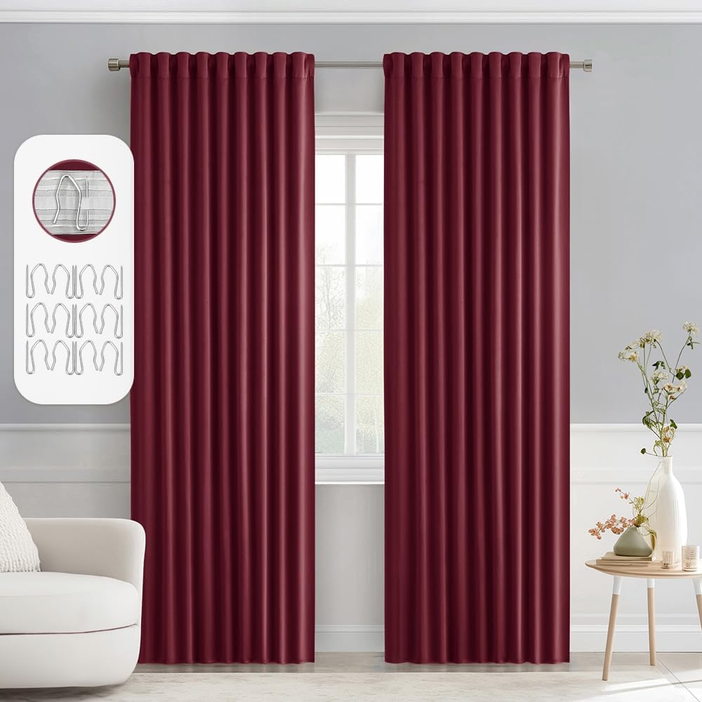MIULEE Wine Red Back Tab Blackout Curtains 90 Inches Long 2 Panels Set for Living Room Bedroom Privacy, Rod Pocket/Pinch Pleat Thermal Insulated Room Darkening Pleated Light Blocking Drapes