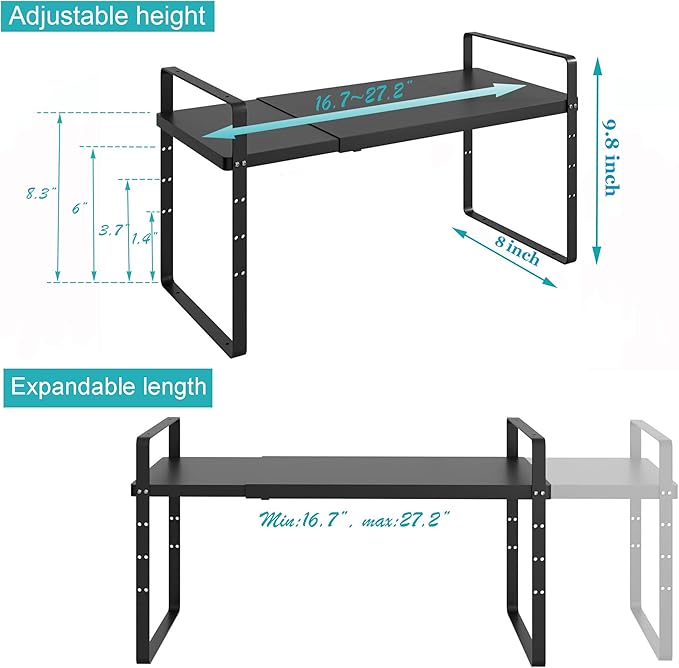 iPEGTOP 2 Pack Expandable Cabinet Storage Shelf Organizer Rack, Heavy Duty Steel Metal Spice Rack Adjustable Height Office Garage Pantry Shelf Space Riser for Counter Kitchen Organization, Black