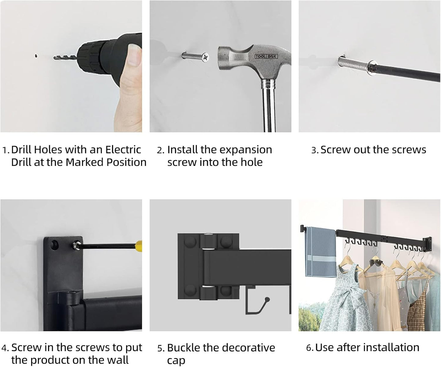 Wall Mount Clothes Drying Rack, 2-Fold Foldable & Sturdy Laundry Drying Rack Wall Mounted, [No Drilling] Space Saver for Laundry, Balcony, Bathroom, Patio, Dormitory, Apartment-Black