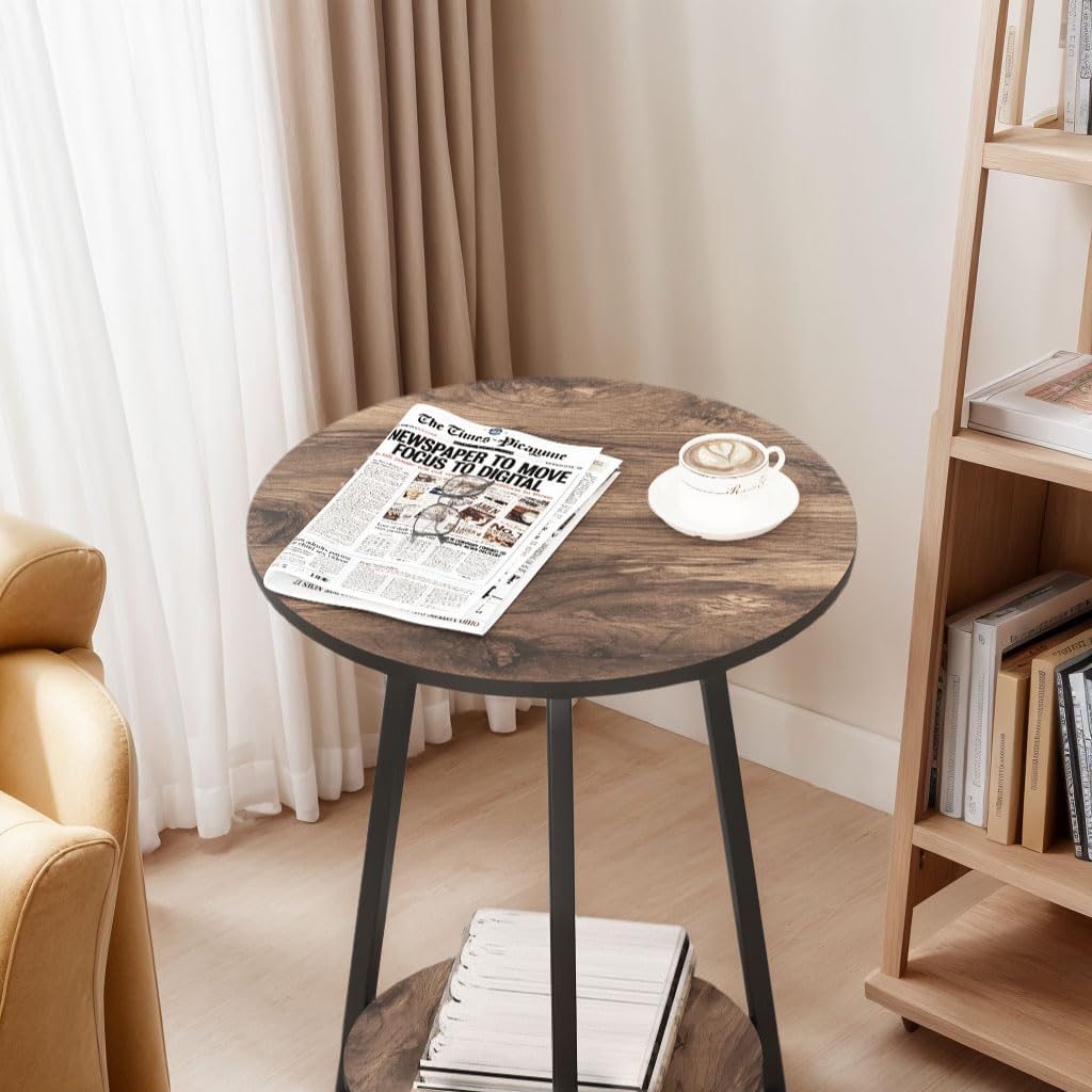 Side Table - Round Accent End Tables - Vintage Wood Color Tables for Sofa Living Room Bedroom Bedside Coffee Small Spaces - Waterproof Metal Frame, Scratch-Resistant - Easy Assembly