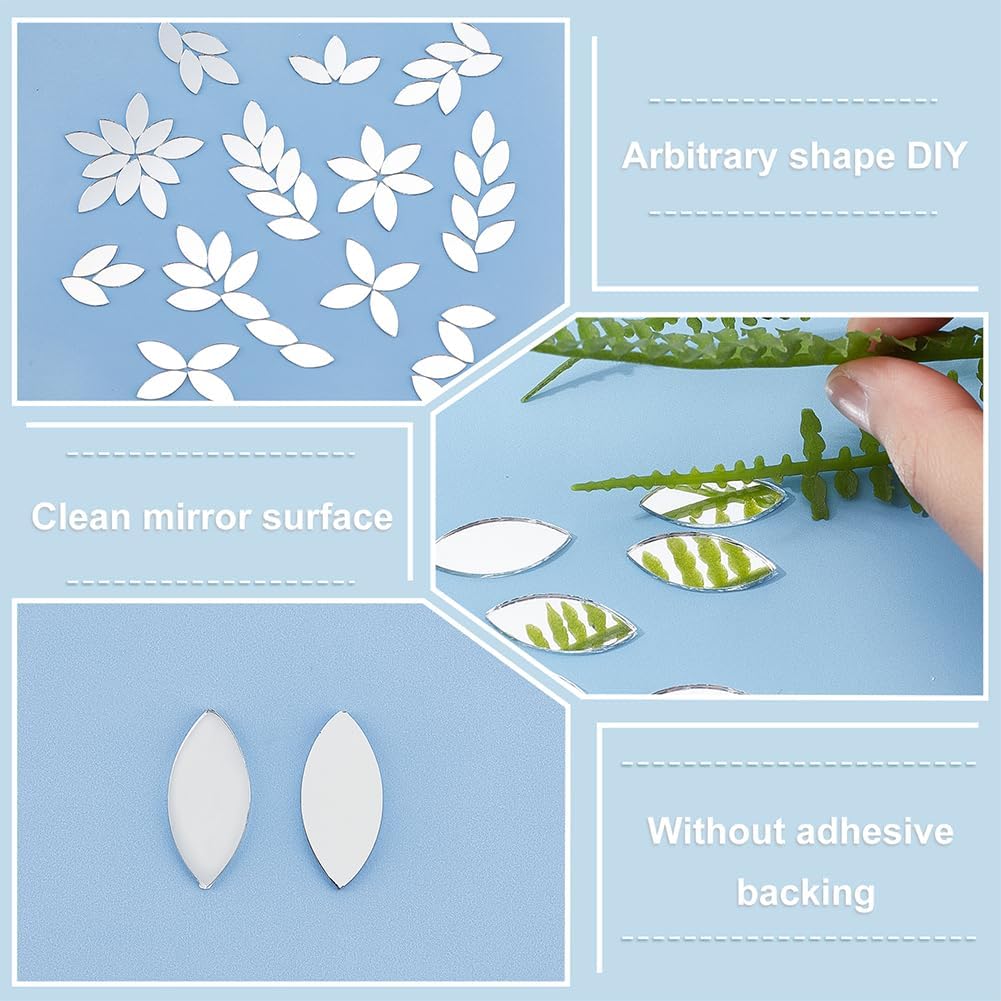 OLYCRAFT 150pcs Leaf Shape Craft Mirrors Mosaic Tiles 11x25mm Petal Mini Glass Mirror Tiles Leaf Cabochons Flower Leaves for DIY Crafts Art Wall Door Home Decorations