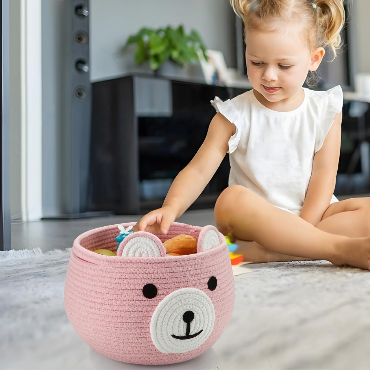 PandaEar Cotton Rope Baby Basket, Baby Gift Basket Nursery Laundry Organizer with Cute Bear Design for Storage Infant Newborn Essentials, Diaper Caddy with Handle (Pink)