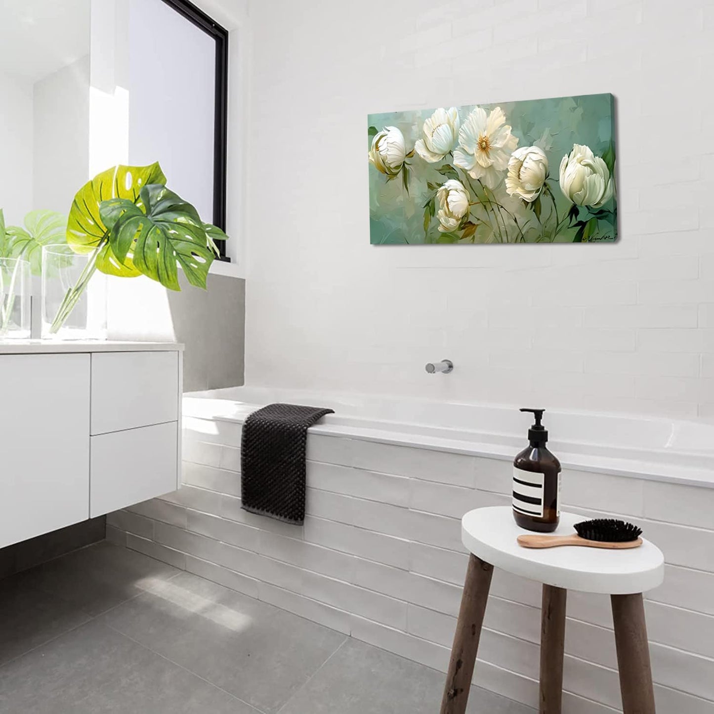 LASMOND Blooming White Flowers Plants Wall Art Decor Artwork for Bedroom (20x40 Inches)