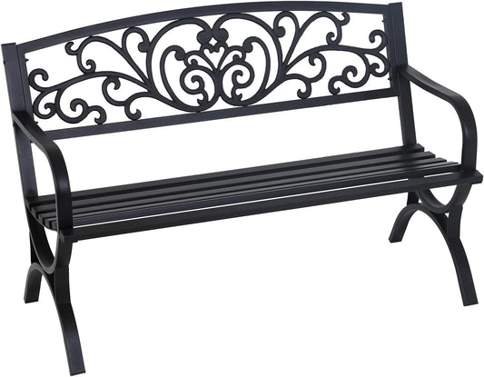 FDW Outdoor 50 Inches Garden Bench, Slatted Seat Armrests Floral Design Backres and Arch Legs, Perfect for Park, Yard, Porch, Lawn, Balcony, Backyard, Black