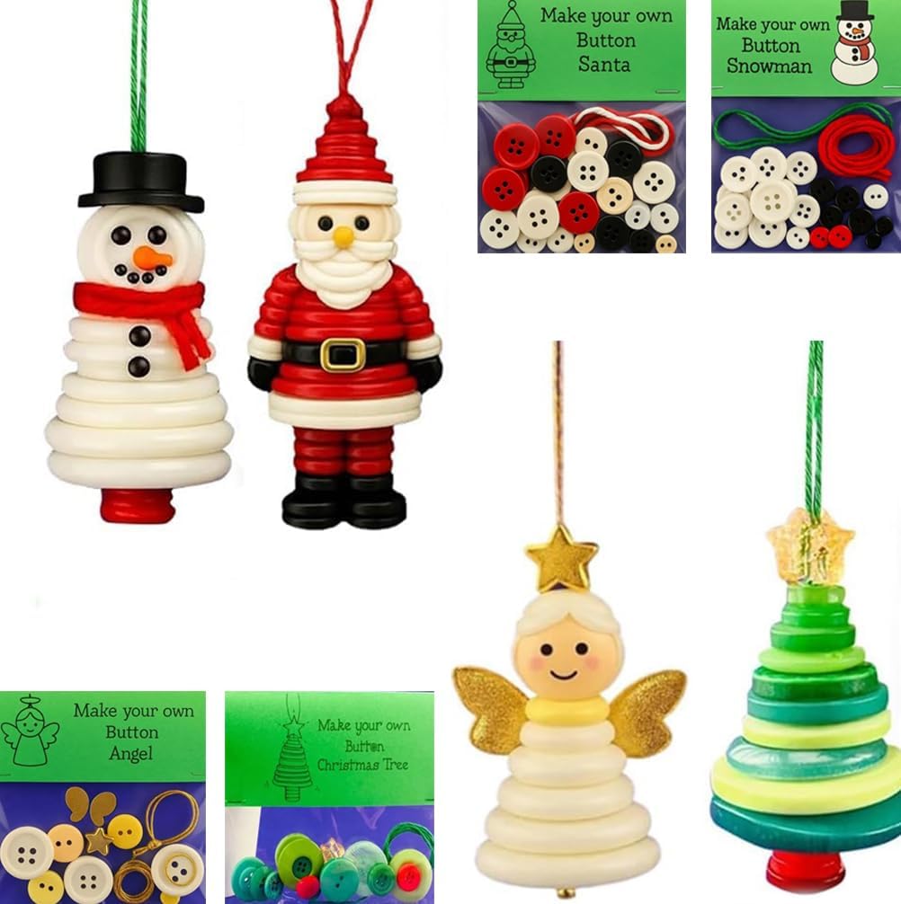 DIY Christmas Button Ornament Making Set - Snowman/Santa/Angel, Fun Holiday Craft Kit for All Ages, Ideal Xmas Tree Hanging Decor & Festive Gifts (Christmas Tree+Old Man+Snowman+Angel)