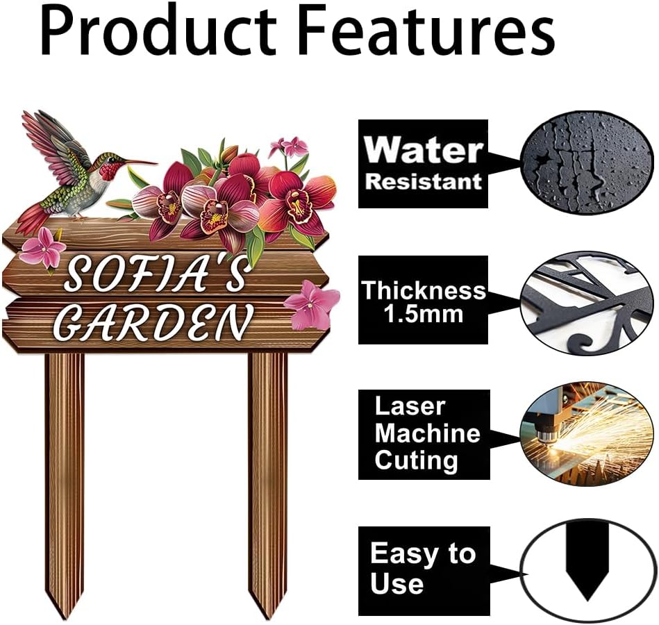 Personalized Colorful Bird Metal Sign with Stake,Custom Gardener Family Name Signs Outdoor Decor,Customized Birds on the Branch Gardening Gifts,Flowers Plaques Decorate for Patio Lawn Porch Backyard