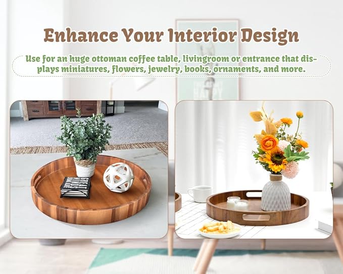 Large Round Wood Serving Tray, Wooden Trays with Handles for Ottoman Table, Vintage Acacia Tray Circle Wood Tray for Indoor Outdoor Organization and Decoration, Including 4 Round Wooden Coasters
