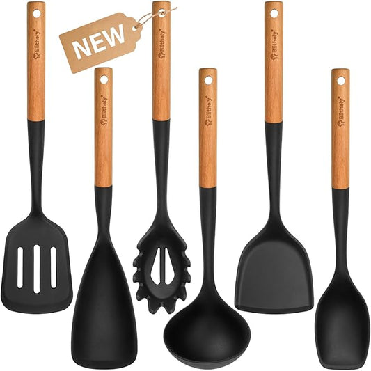 Silicone Cooking Utensils Set, 6 Pack Large Kitchen Utensils Set with Wooden Handle, Heat Resistant Silicone Utensil Spatula Set for Nonstick Cookware, Spatula, Turner, Spoon, Ladle BPA Free (Black)