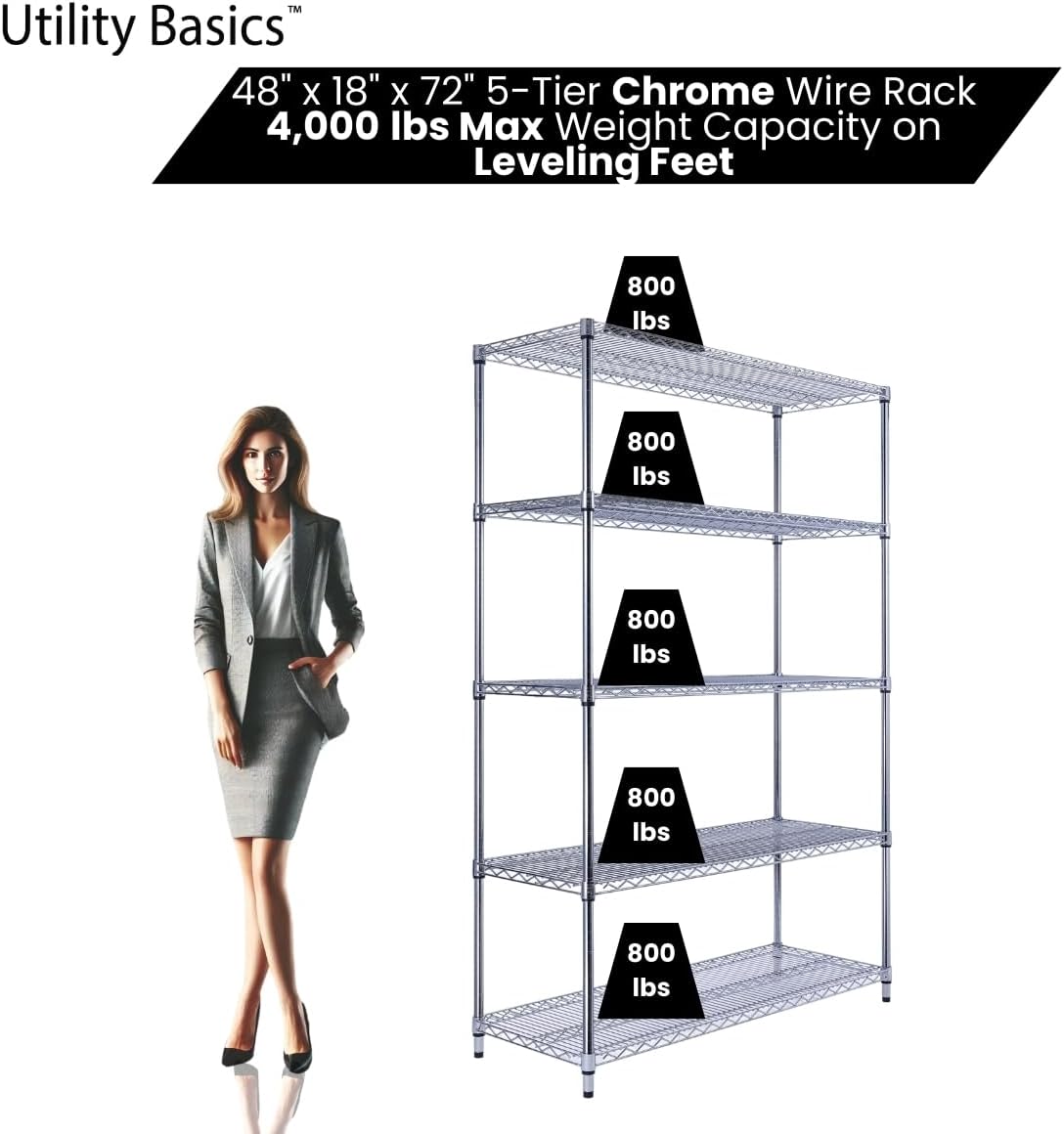 48"x18"x72" Chrome 5-Tier PREMIUM Wire Shelving NSF 4000 LBS MAX CAPACITY Heavy Duty Steel Storage Rack for Warehouses, Garages, Hospitals, Commercial Spaces, & Schools w/PREMIUM WHEELS