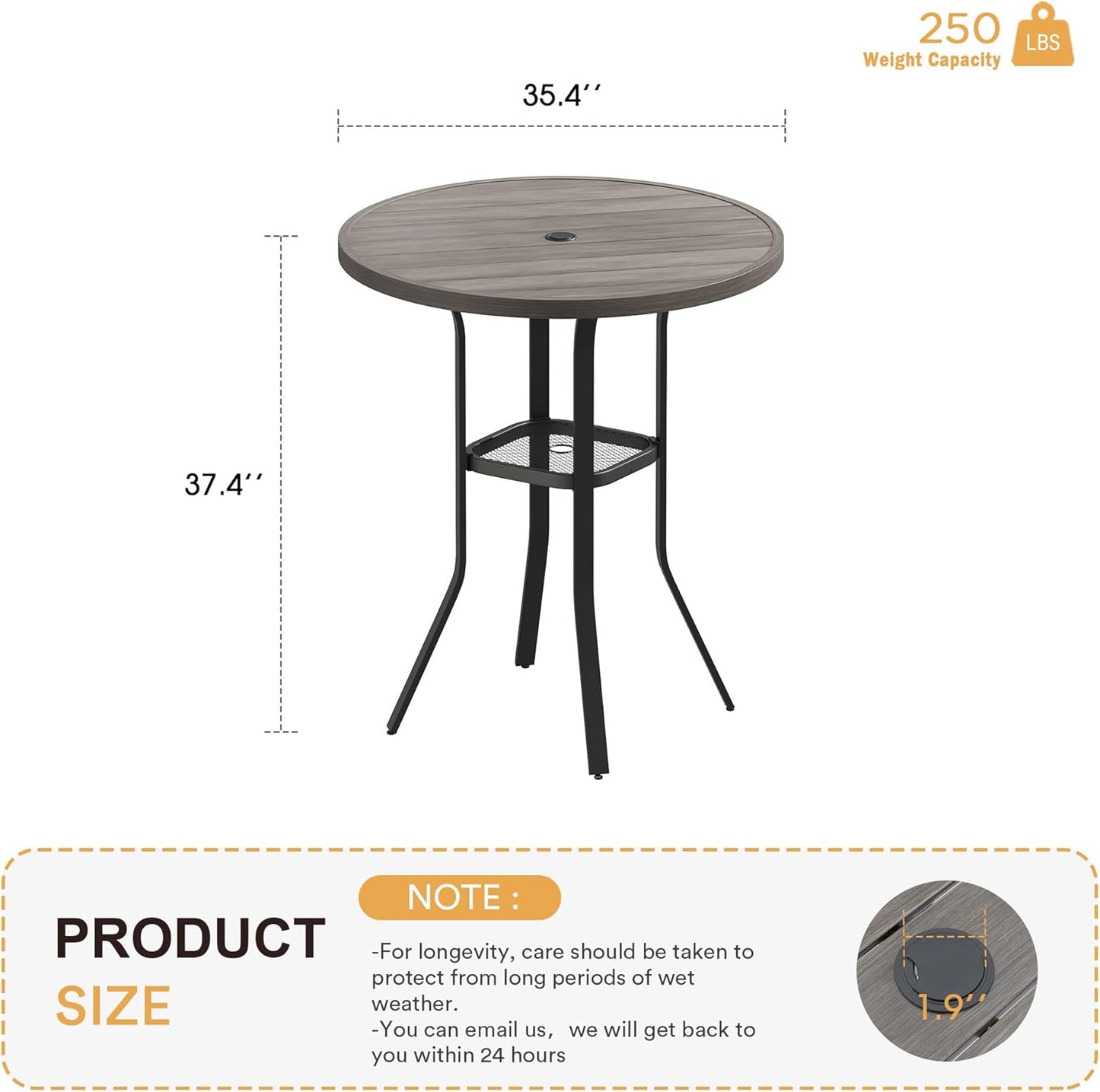VICLLAX 35.5" Round Outdoor Bar Table, Bar Height Patio Table with Adjustable Umbrella Hole for Balcony, Grey Wood-Like