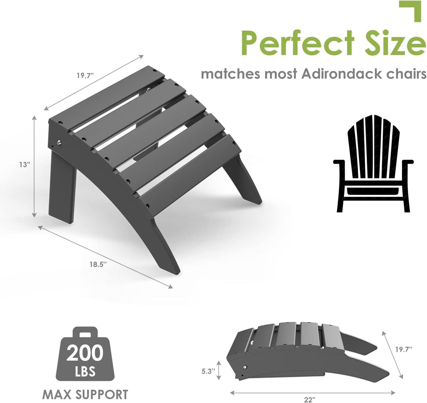 GREENVINES Adirondack-Ottoman | Set of 4 | HDPE Plastic | Outdoor Footrest | All Weather | Foot Rest | Foot Stool | Grey | for Adirondack Chair | for Patio Backyard Pool