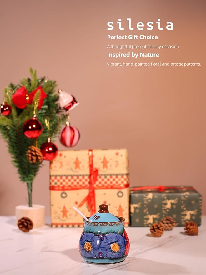 silesia Handmade Sugar Bowl with Lid and Spoon, 9 Ounce Ceramic Hand-Painted Sugar Jar for Home in Gift Box, Kitchen Decor, Oven, Dishwasher & Microwave Safe, Glazed Blue