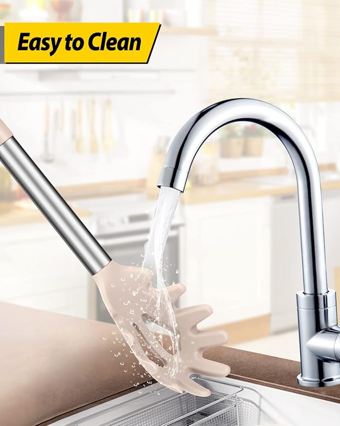 Silicone Pasta Fork and Ladle Spoon Set, Large Non Stick Kitchen Utensils for Cooking,Stirring,Serving Spaghetti, Soup, Sauce (KHAKI)