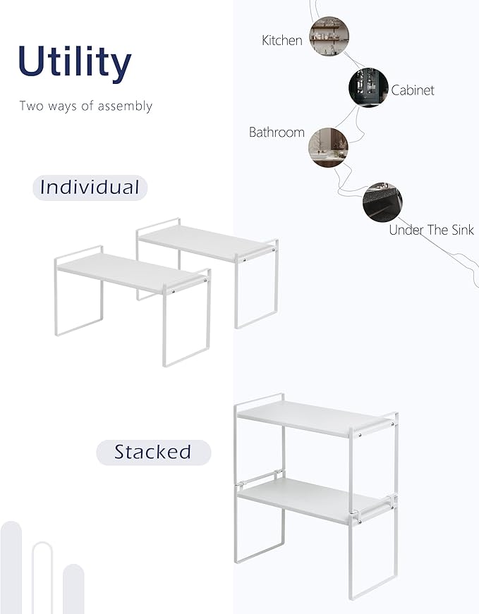 Nxconsu 2Pack Cabinet Shelves Stackable Organizer Rack Riser for Kitchen Cabinet Pantry Cupboard Counter Countertop Home Organization Storage Space Saver Heavy Duty Metal Nonslip White Tall
