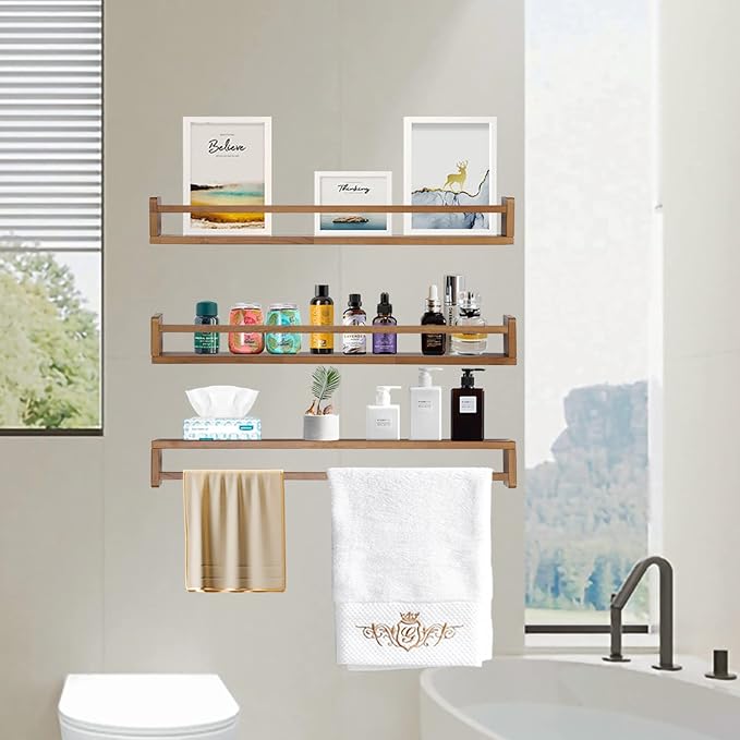 AZSKY Light Walnut Nursery Book Shelves 36 in Floating Wall Mounted Bookshelf Kids Room Hanging Shelves Toddlers Toys Books Storage Organizer a Set of 3