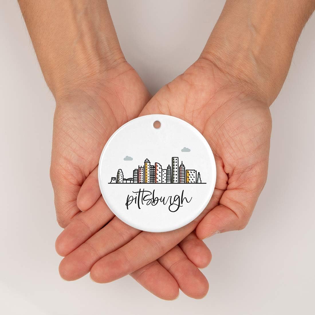 Andaz Press Round Ceramic Porcelain Christmas Tree Ornament Keepsake, Pittsburgh Colorful City Skyline Graphic, 1-Pack, Birthday Gift for Family Coworker Him Her, Includes Gift Box
