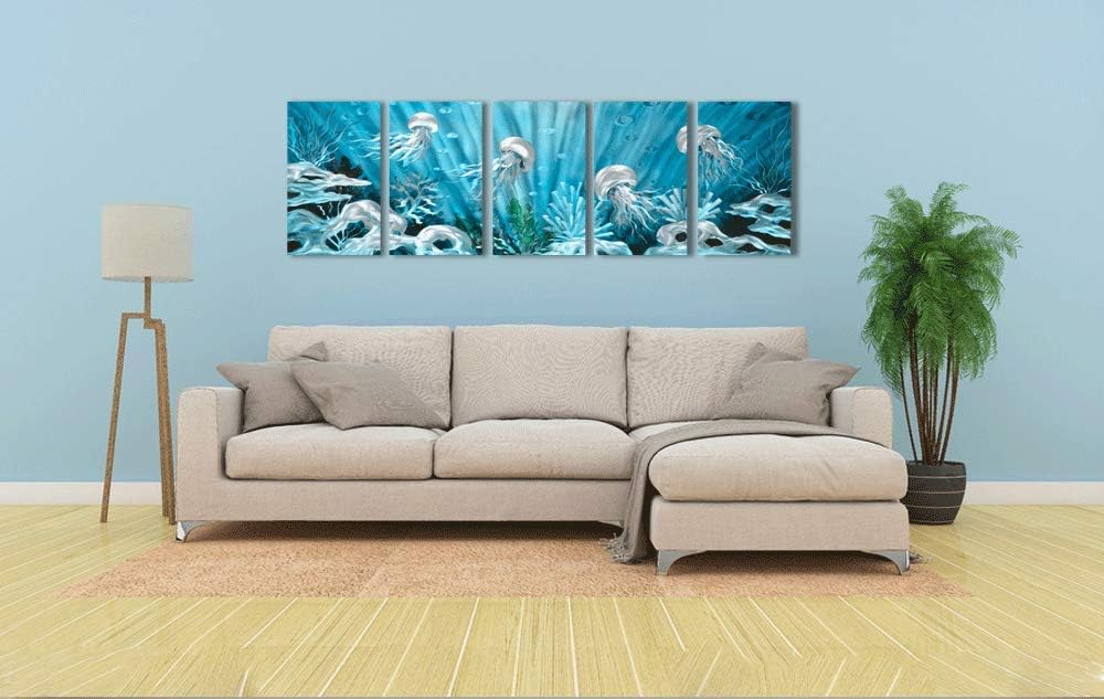 Yihui Arts Blue Deep Sea Metal Wall Art, Large Jellyfish Metal Artwork in Modern Ocean Design, 3D Wall Art for Modern and Contemporary Decor, 5-Panels, Metal Wall Decor