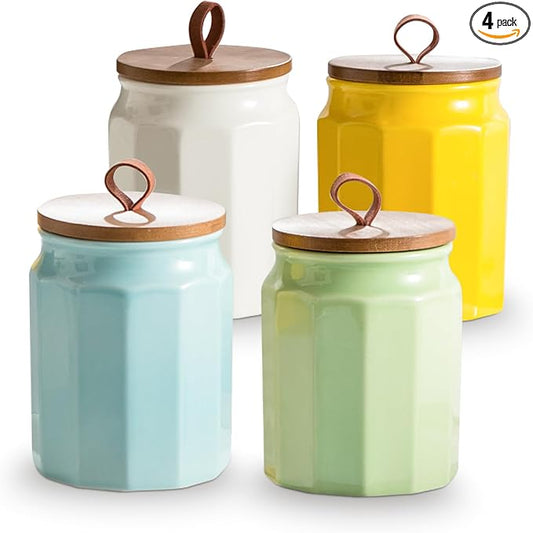 Canister Sets for Kitchen, Kitchen Canisters for Countertop with Airtight Wood Lid, Ceramic Food Storage Containers and Sugar Container for Coffee, Flour, Tea, Candy, Cookie, Spice