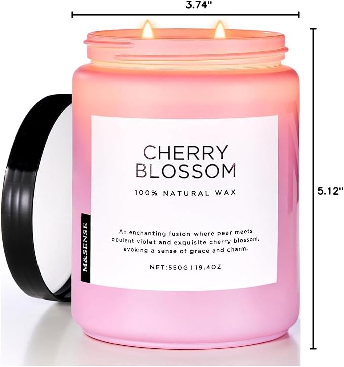 M&SENSE Cherry Blossom Scented Spring Candle, 19.4oz 110 Hours Long Lasting Natural Soy Wax Stress Relief Aromatherapy Romantic Candle for Women & Bedroom Decor
