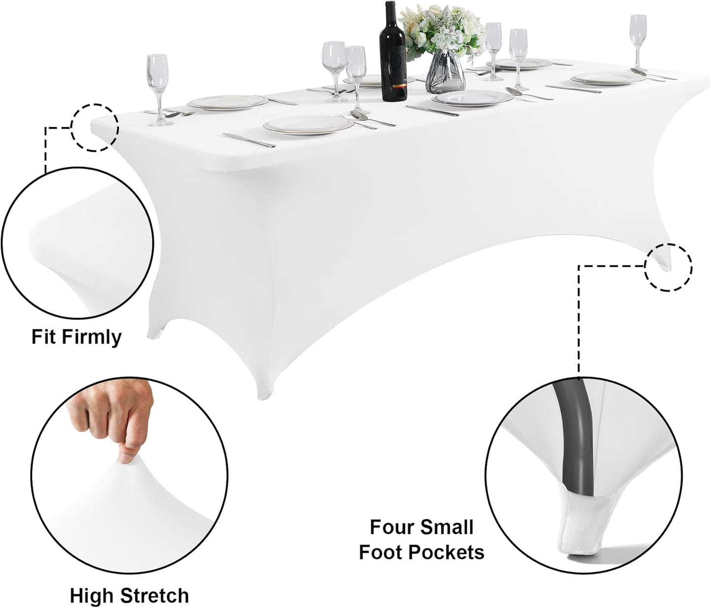 SuperO 6Pack Waterproof Spandex Table Cover for 6FT Table Universal Fitted Stretch Tablecloth for Party, Banquet, Wedding and Events-White