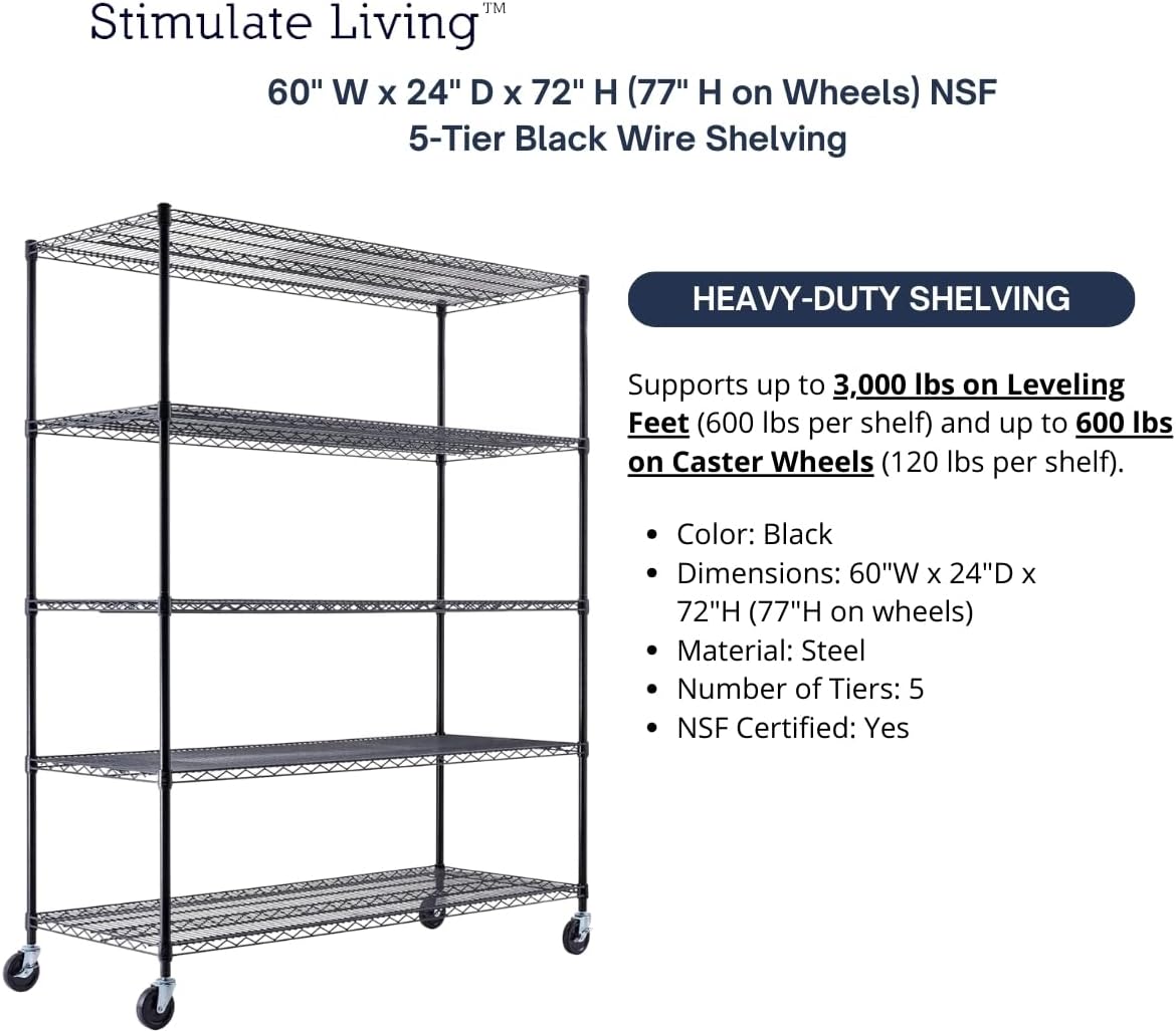 60"x24"x72" PRIME HEAVY DUTY Black 5-Tier Wire Shelving NSF 3000 LBS MAX Capacity Storage Rack for Commercial, School, Home, Garage, Warehouse, Industrial, and Hospital Uses (with Wheels)