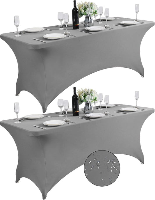 SuperO 2Pack Waterproof Spandex Table Cover for 6FT Table Universal Fitted Stretch Tablecloth for Party, Banquet, Wedding and Events-Gray