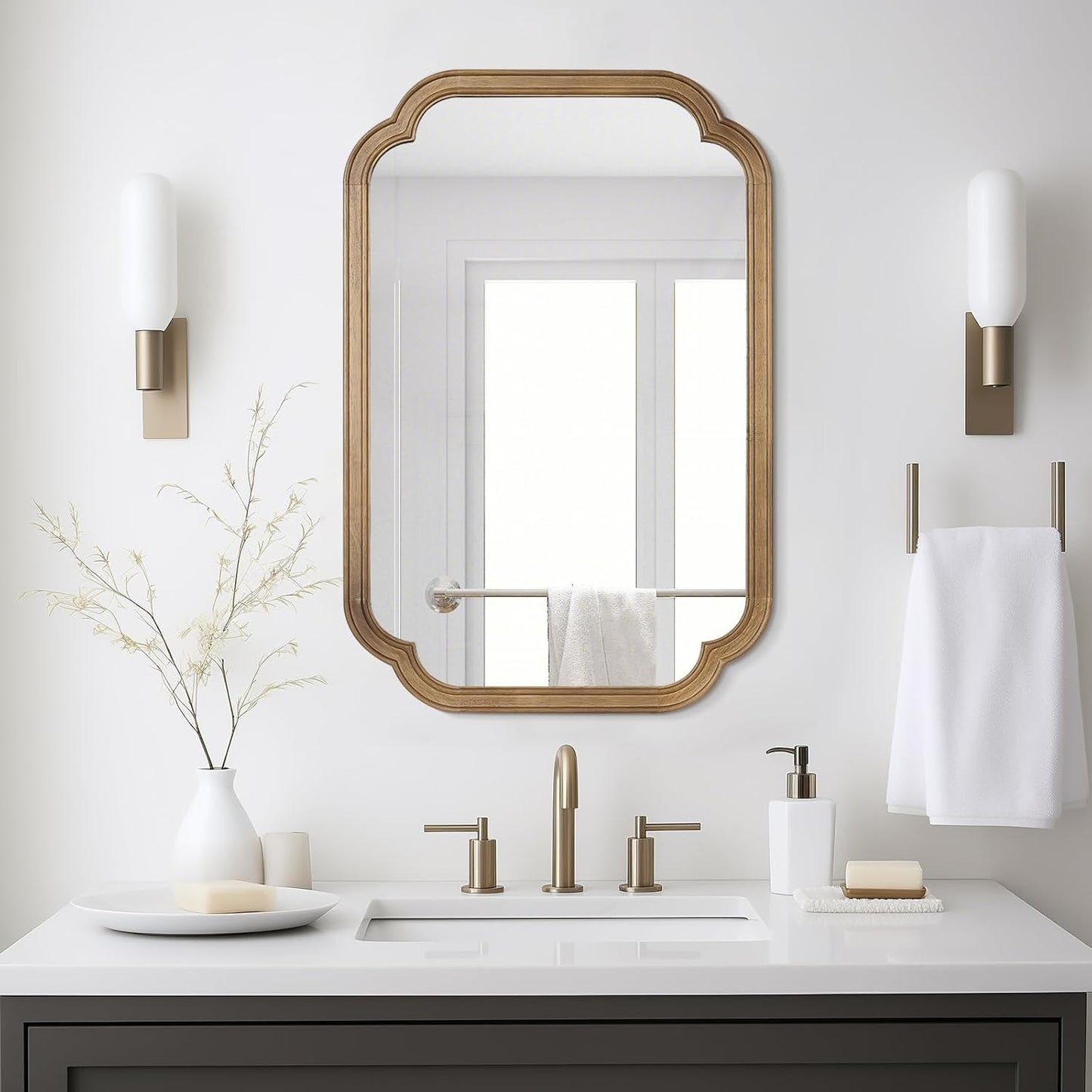 WallBeyond 20" x 30" Rounded Corner Arch Wall Mirror with Wood Frame for Entryway, Living Room or Bedroom Home Decor - Light Woodgrain, Honey-Colored