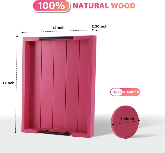 Ottoman Tray | Coffee Table Tray Decorative, Serving Tray with Handles - 17x13 Inch Wood Tray for Coffee Table Tray - with 4 Wooden Coasters -Tray for Ottoman, Breakfast