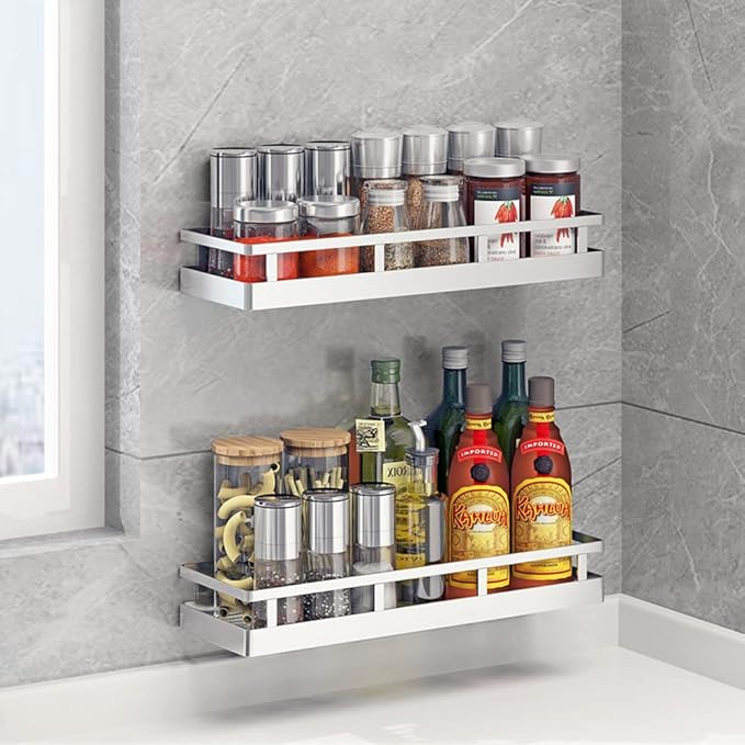 Spice Rack Organizer, SUS304 Stainless steel Wall Mount Spice Rack Storage Basket - Seasoning Container, Kitchen Spice Organizer -Kitchen Seasoning Hanging Rack - Bathroom Shelf (Silver)