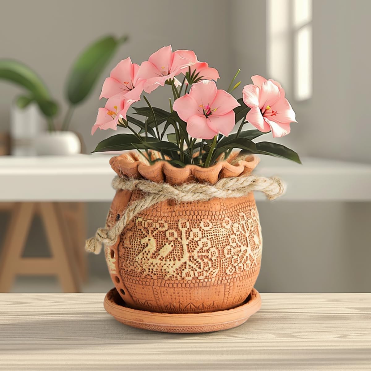 Ceramic Pot with Drainage Hole and Saucer, Plant Pots, Modern Decorative Planters for House Plants Indoor Flowers Plants, Cute Flower Pot - Gifts (Birds (1.7 L))