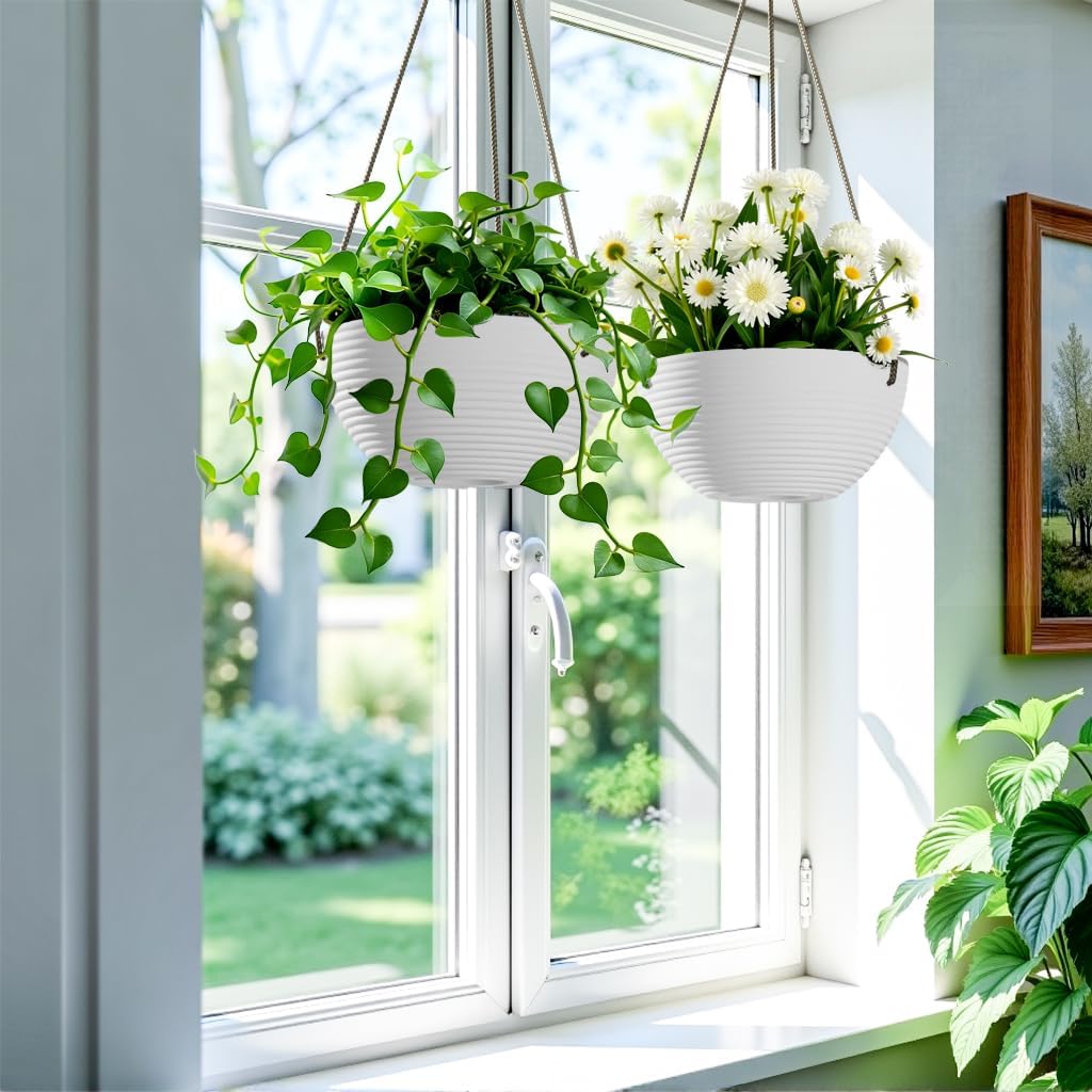 Line Pattern 10 Inch Hanging Planter for Indoor Outdoor Plants, 2 Pack Round Hanging Pots for Plants (White)