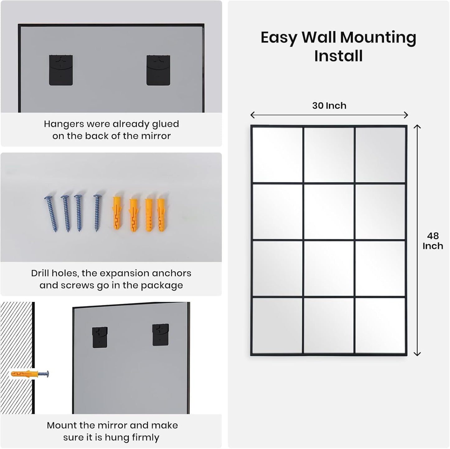 Windowpane Wall Mirror 30"x48" Black Wall Mounted Art Pane Mirror Farmhouse Decorative Mirror Leaning Hanging Wall Mirror for Bedroom Living Room Entrance Hallway Wall Decor