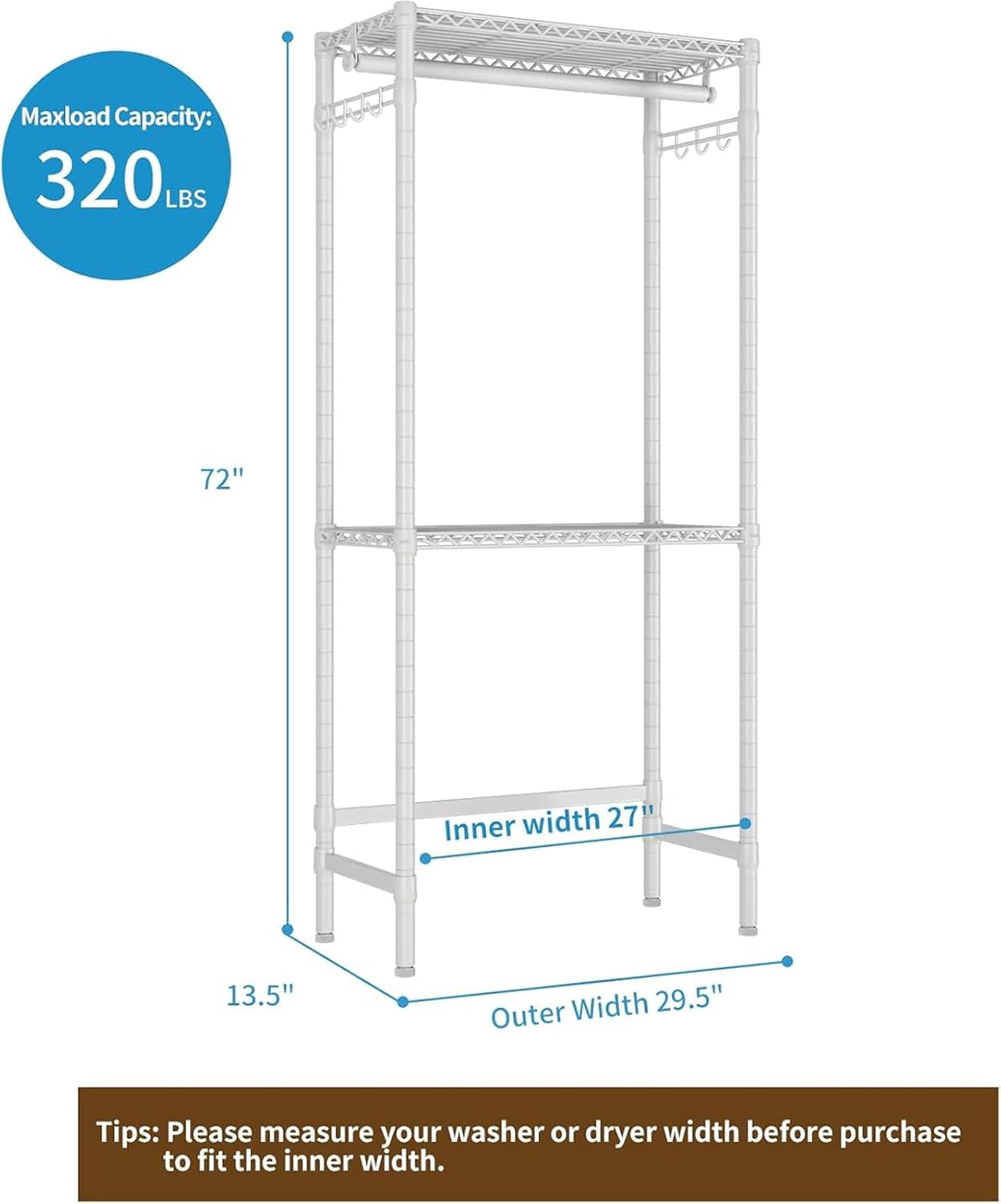 Over Washer and Dryer Shelves,2 Tier Adjustable Height Wire Shelving Laundry Room Storage Organization Clothes Drying Rack with Hanger Rod&Hooks,Space Saving Organizers Shelf,White