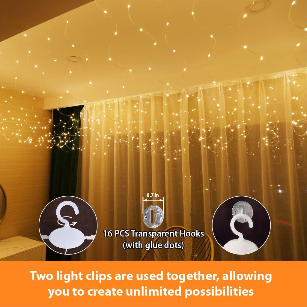 HXWEIYE 2 Pack Warm White 300LED Curtain Fairy Lights, 9.8x9.8Ft Led String Light with Rotating Clips & 12 Hooks, Timer & 8 Modes USB Plug-in DIY Decorative Light for Bedroom Indoor Outdoor Wedding