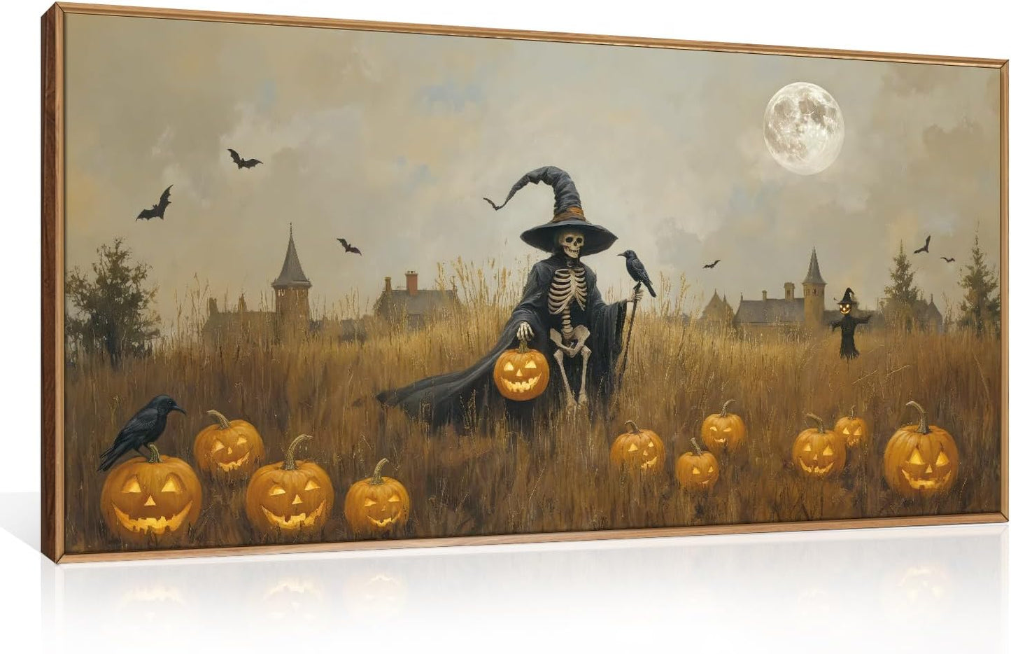 Celestdeco Halloween Ghost Reaper Framed Wall Art Set, Scary Witchy and Pumpkin Wall Decor, Horror Night Wall Painting,Full Moon Bats Art Prints for Living Room,Bedroom,Halloween Themed Party Decor-20"×40"