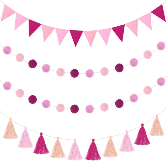 Irenare 9.8 ft Pom Pom Garland Felt Colorful Tassel Banner Christmas Party Pompoms Garland Decorations Felt Pennant Banner for Classroom Home Mantel Fireplace Birthday(Pink)