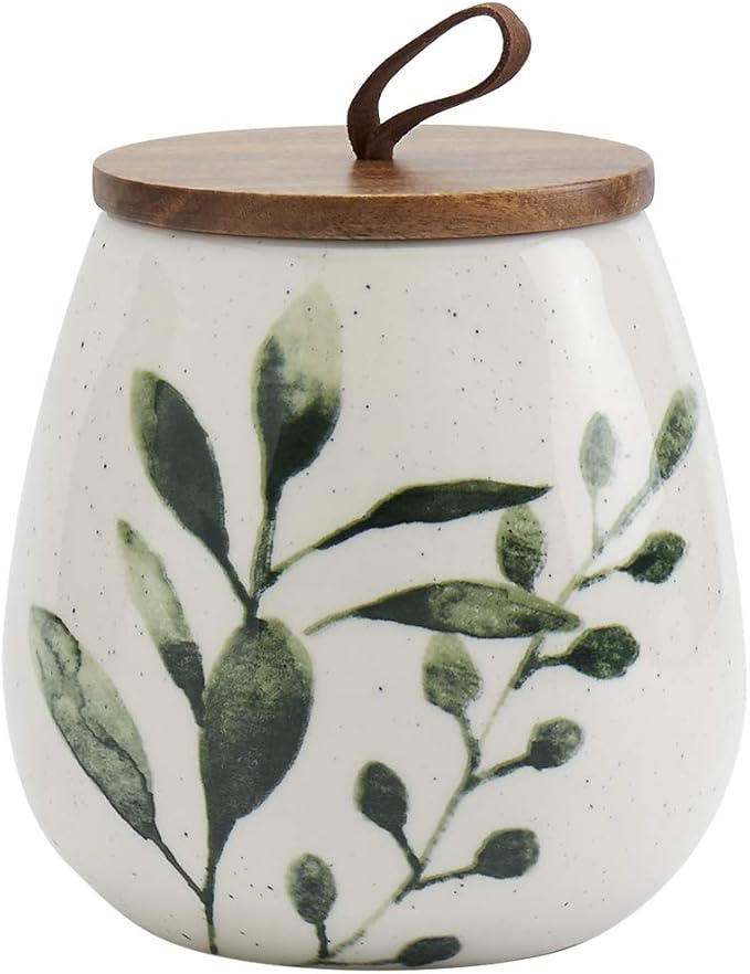 TTU Tabletops Gallery Ceramic Canister Collection- Stoneware Designed Kitchen Storage Acacia Wood White Set, 3 Piece Green Leaf Canister Set