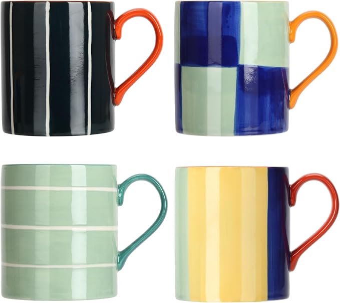 Koja Colorful Hand Painted 16 oz. Porcelain Ceramic Mugs Set. Service for 4.