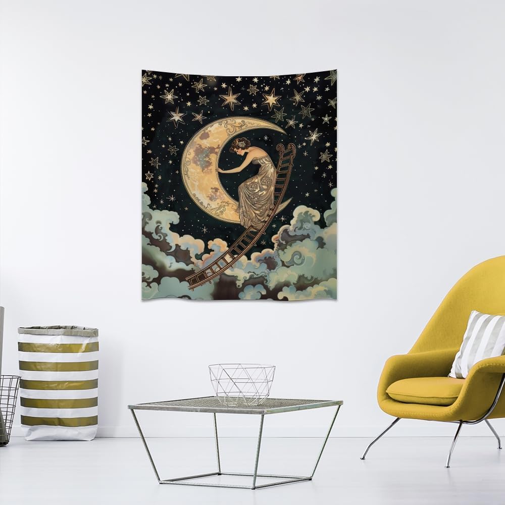 Dark Academia Gothic Aesthetic Tapestry ladder to The Moon and Stars Wall Hanging Print Trendy Vintage Art Nouveau Tapestries Decor for Home Bedroom Living Room 70x90inch
